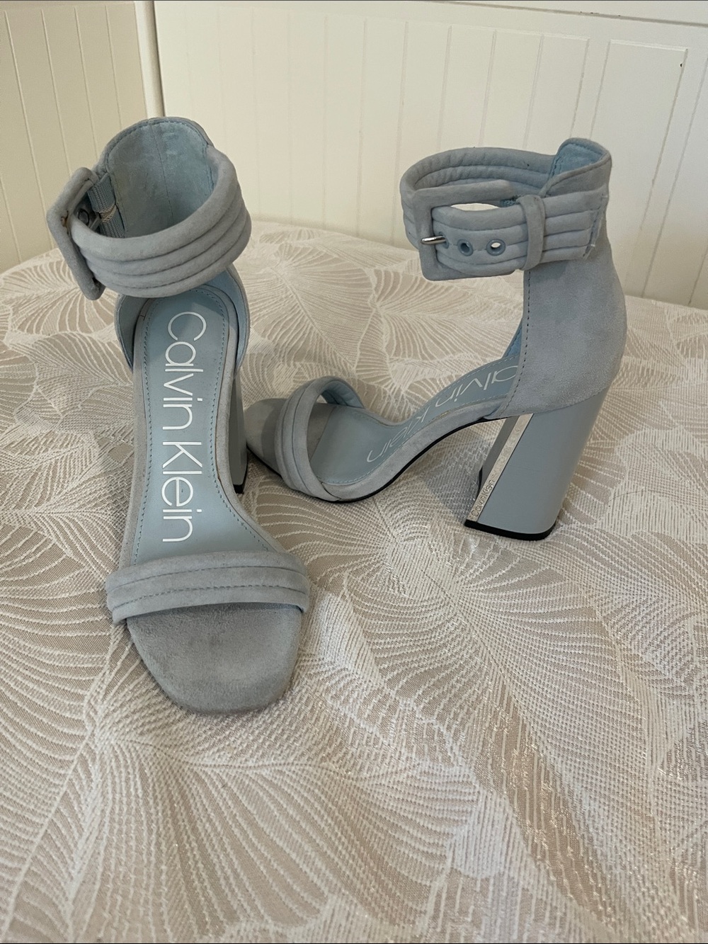 Calvin Klein Light Blue Suede Block Heel Sandals